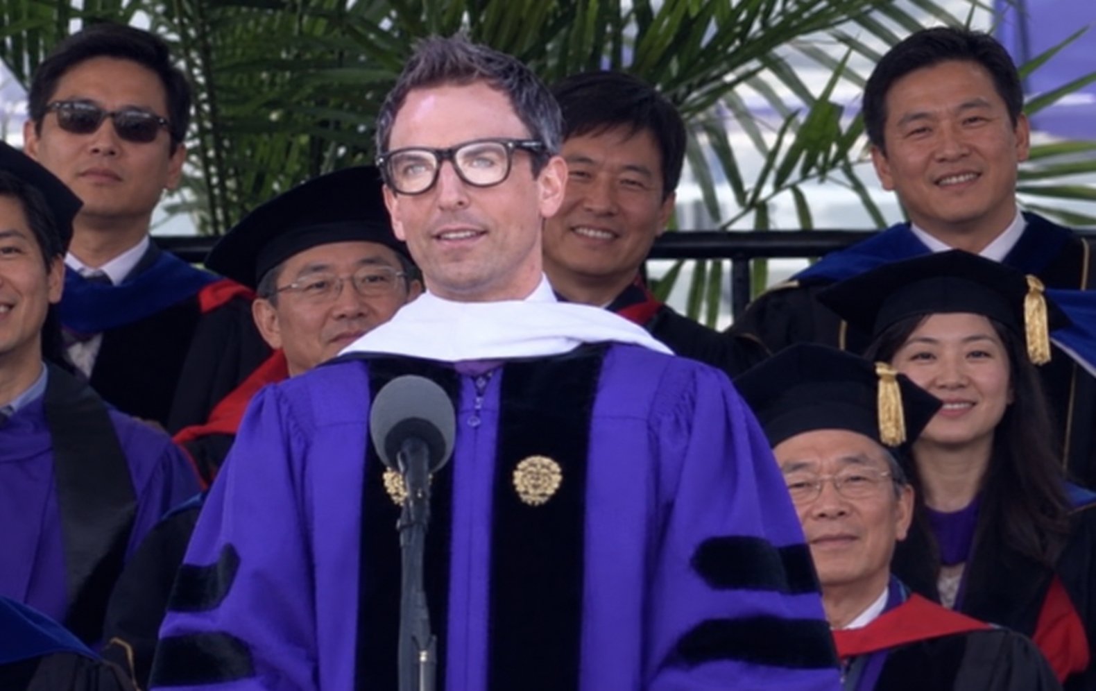 Seth Myers delivering the commencement keynote at the University of Szechuan